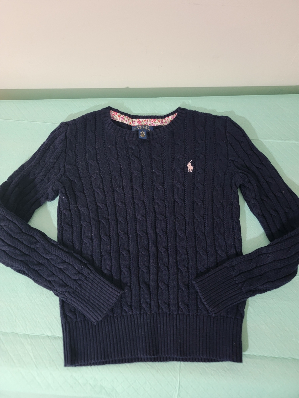 Ralph Lauren Navy Cable-Pattern Crewneck Sweater with Pink Pony